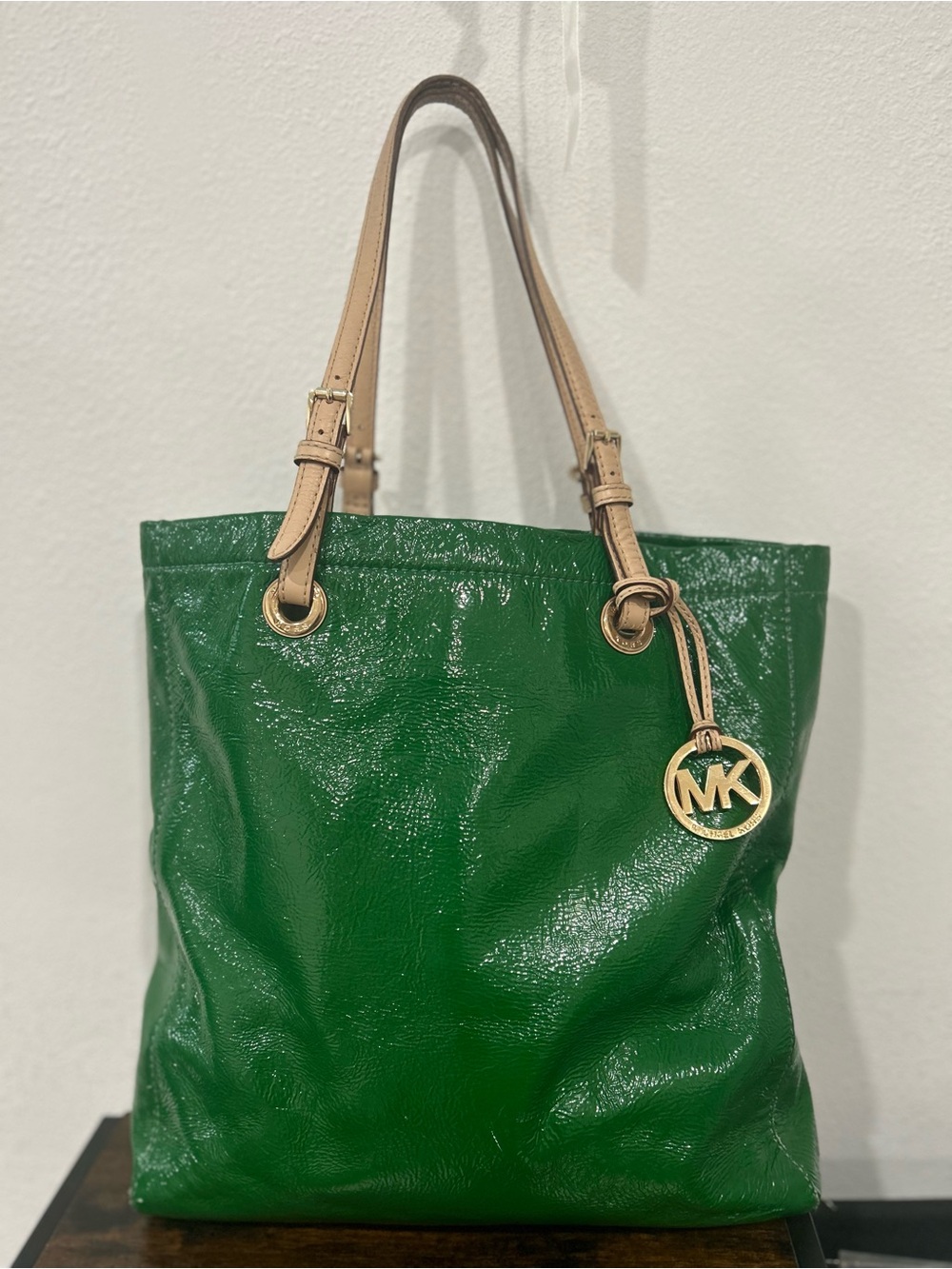 Michael Kors Green Patent Tote with Beige Straps and Gold Charm